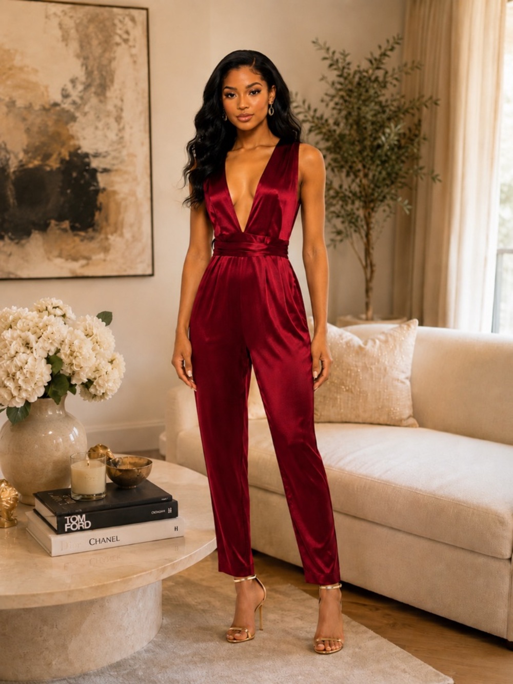 Silky Deep Red Plunging Satin Jumpsuit